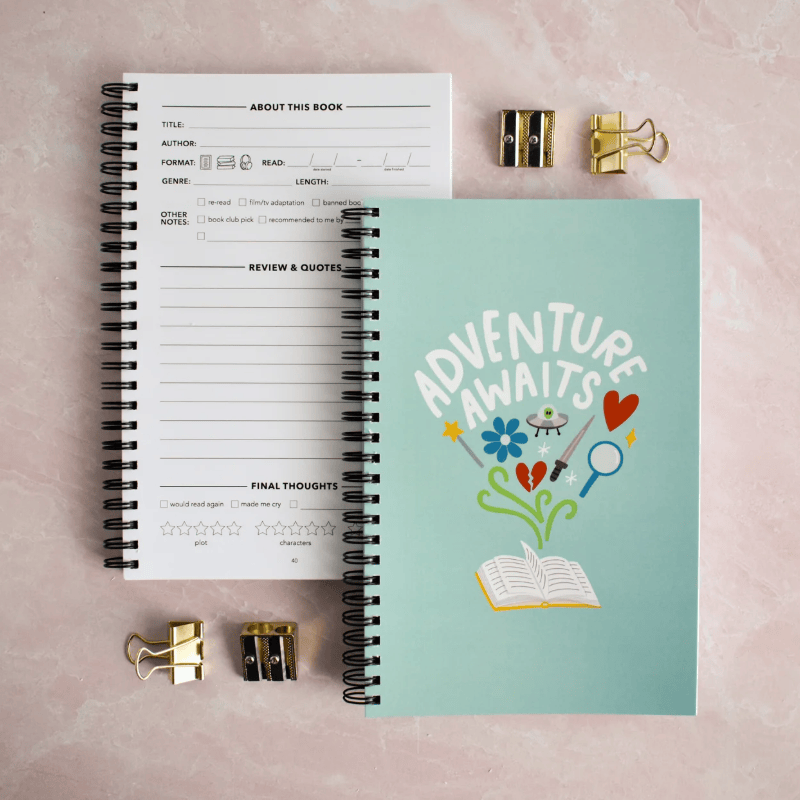 Adventure Awaits Reading Journal - Spiral Bound Book Log with Trackers