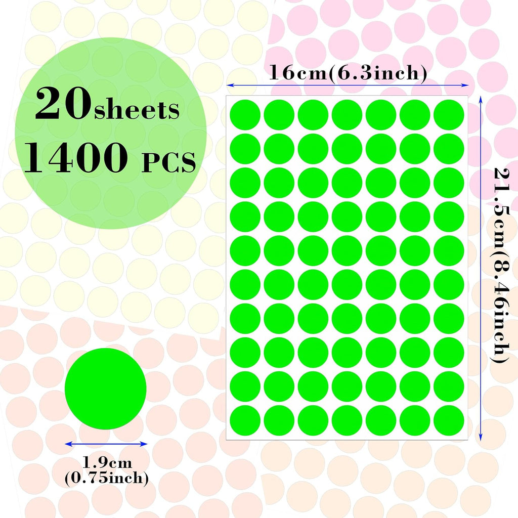 Fluorescent Round Dot Stickers - 1400 Pack Writable Neon Color-Coded Kits
