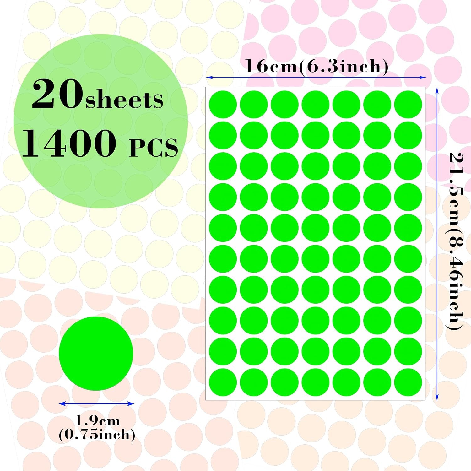 Fluorescent Round Dot Stickers - 1400 Pack Writable Neon Color-Coded Kits
