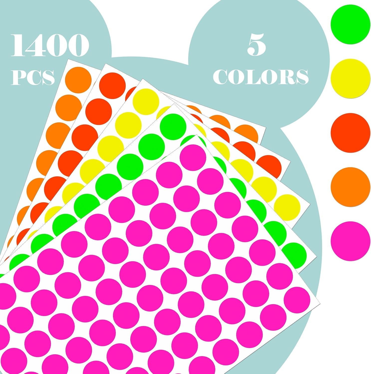 Fluorescent Round Dot Stickers - 1400 Pack Writable Neon Color-Coded Kits