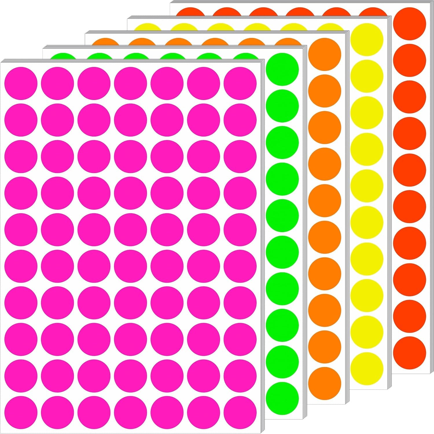 Fluorescent Round Dot Stickers - 1400 Pack Writable Neon Color-Coded Kits