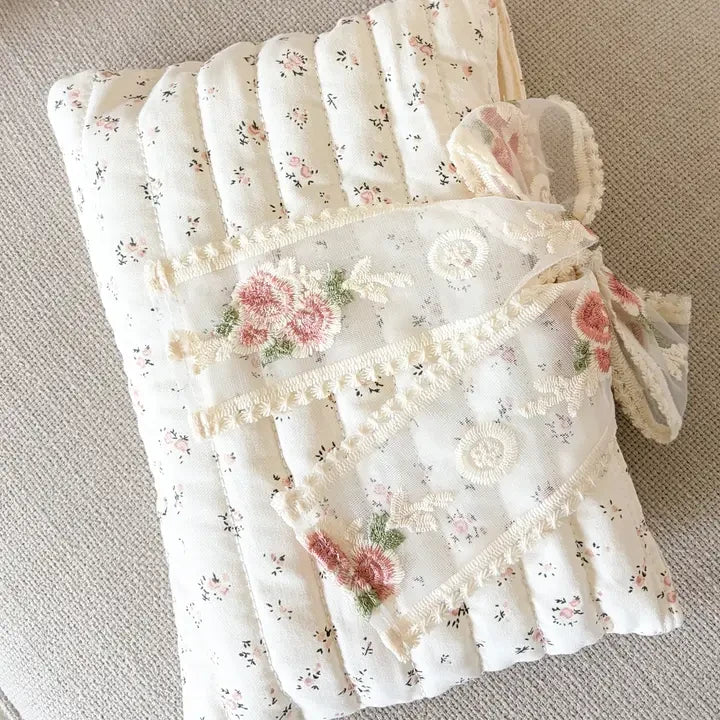 Pink Floral Book Sleeve with Embroidered Lace Ribbon