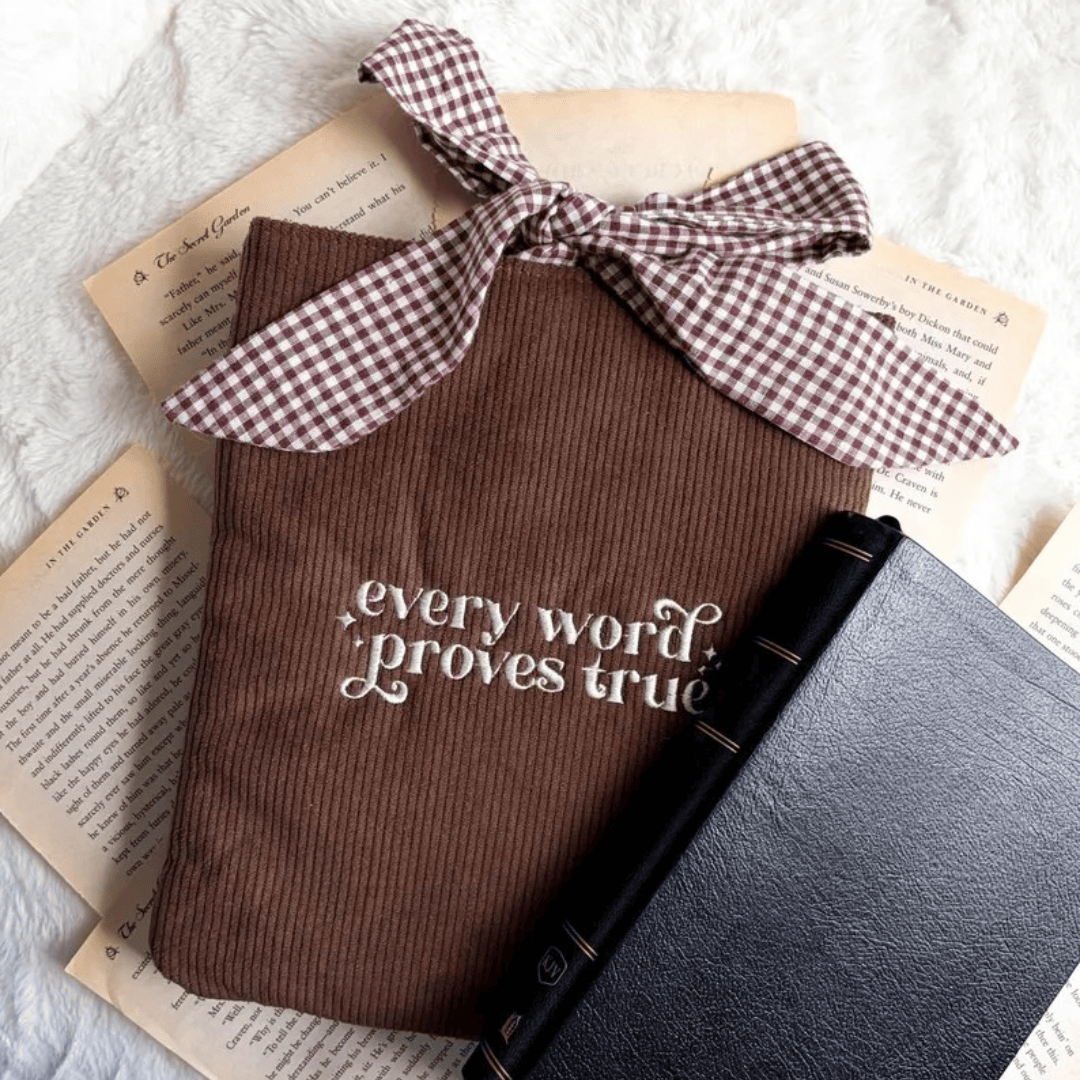 Embroidered Corduroy Book Sleeves with Gingham Bow Knot