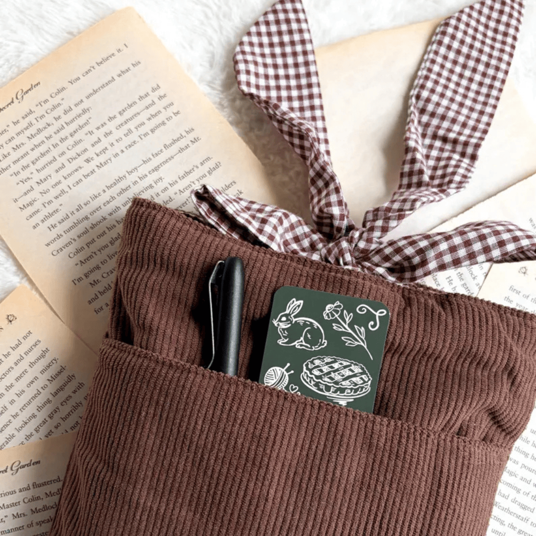 Embroidered Corduroy Book Sleeves with Gingham Bow Knot