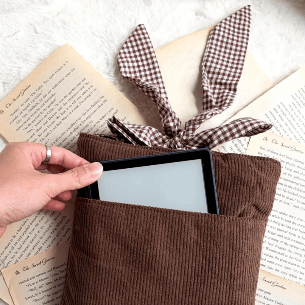 Embroidered Corduroy Book Sleeves with Gingham Bow Knot