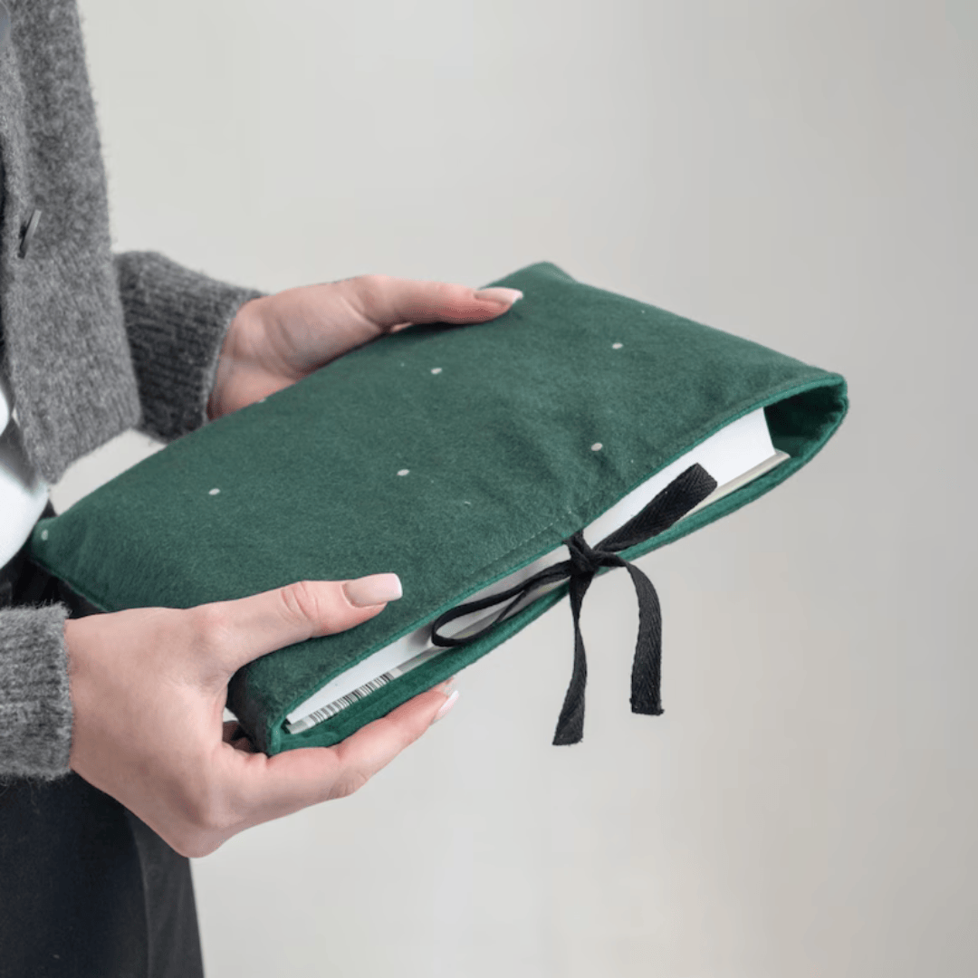 Handmade Forest Green Cotton Book Sleeve with Tie Closure